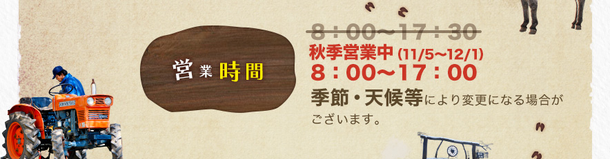 営業時間 [秋季営業中] 季節・天候等により変更になる場合がございます。